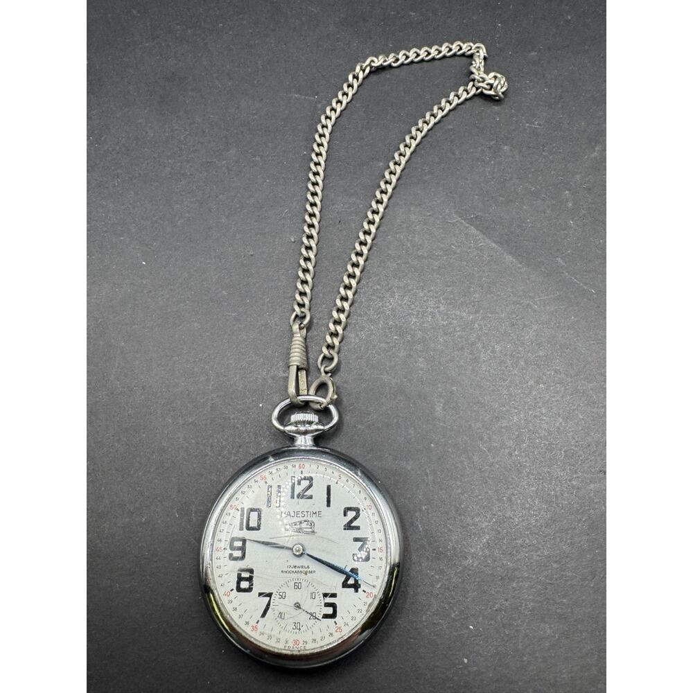 Vintage Majestime Pocket Watch Swiss 17 Jewels France Windup RailRoad Train Rare